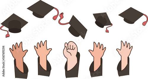 Many hands throwing graduation caps