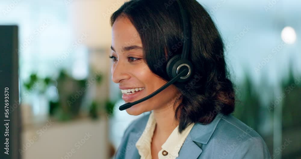 Call center, consultant woman and happy telemarketing sales, crm communication or online consulting. Business, services and telecom agent, financial advisor or virtual finance person talking of loan Call center, consultant woman and happy telemarketing sales, crm communication or online consulting. Business, services and telecom agent, financial advisor or virtual finance person talking of loan