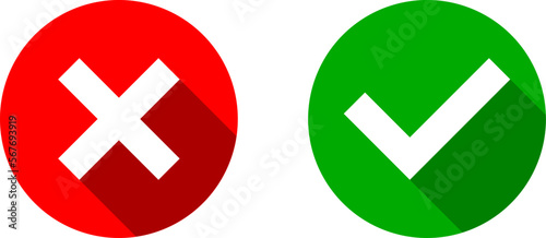 Yes and No or Right and Wrong or Approved and Declined Icons with Check Mark and X Signs with 3D Shadow Effect in Green and Red Circles. Vector Image.