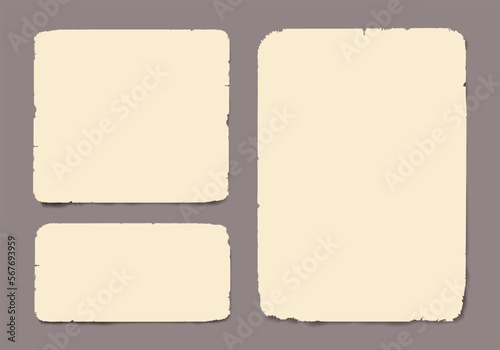 Set of realistic vintage torn papers with shadow on transparent background.