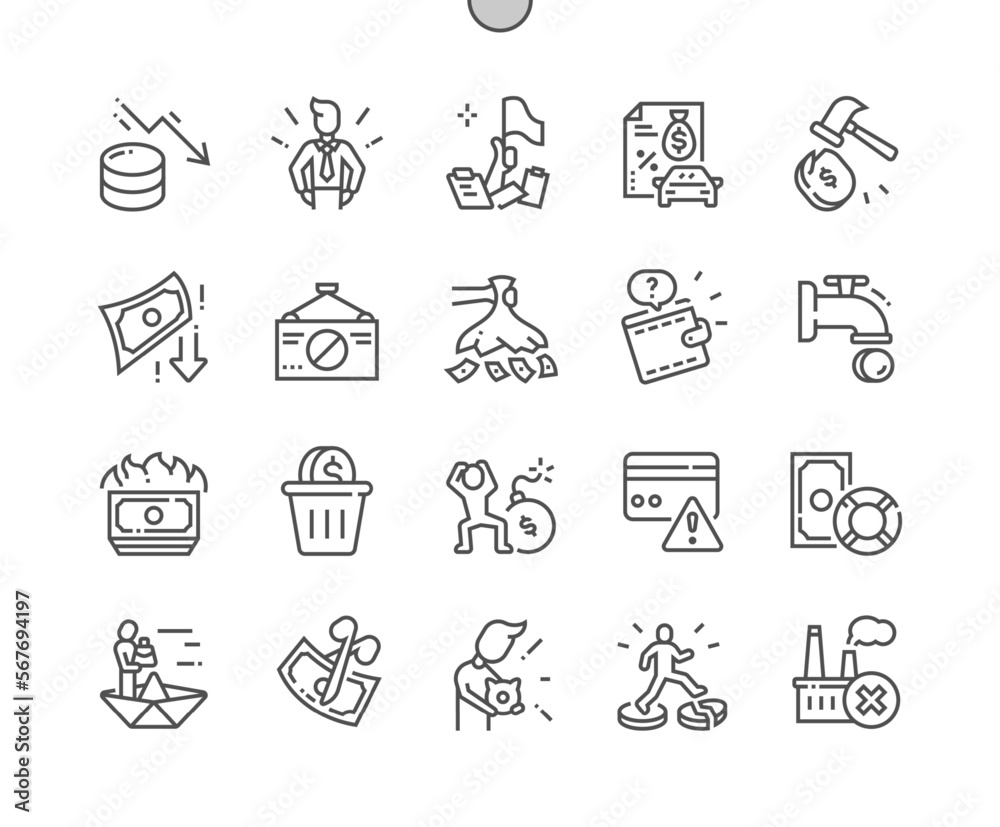 Bankruptcy. Financial crisis. Wasted money. Car loan. Blocking card. Pixel Perfect Vector Thin Line Icons. Simple Minimal Pictogram Bankruptcy. Financial crisis. Wasted money. Car loan. Blocking card. Pixel Perfect Vector Thin Line Icons. Simple Minimal Pictogram
