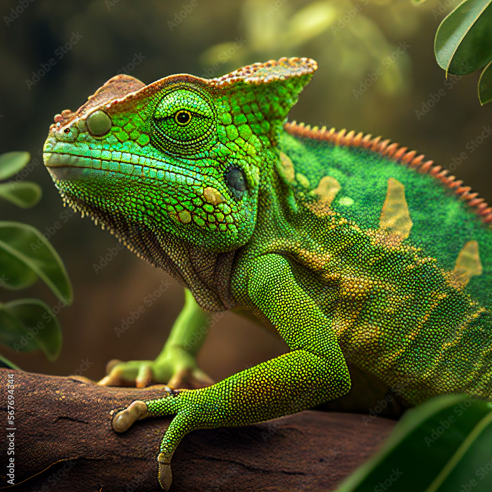 Obraz premium green chameleon on a branch, Generative AI Art Illustration 01