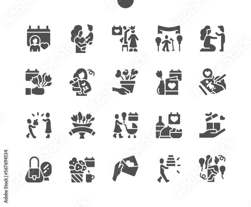 Mothers Day. Calendar. Mom and child. Festive dinner. Letter to mom. Postcard and flower. Vector Solid Icons. Simple Pictogram