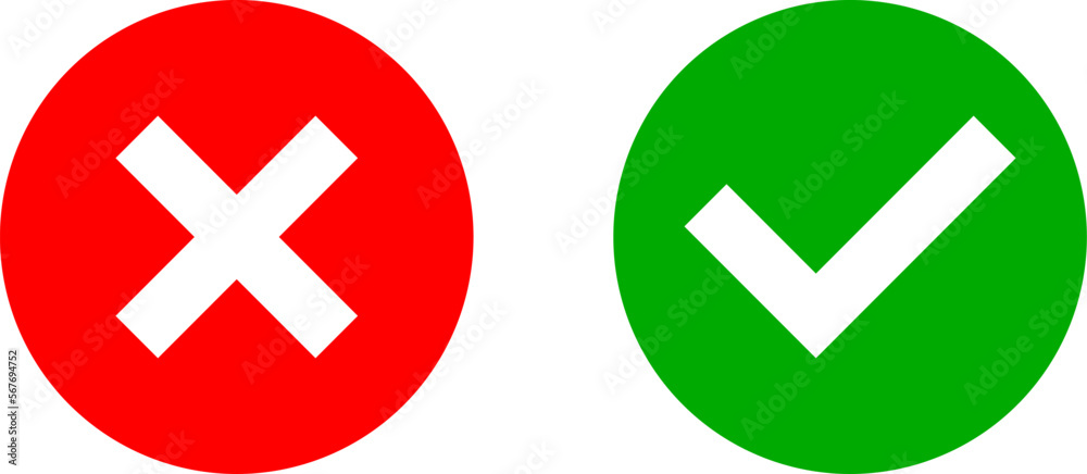Yes and No or Right and Wrong or Approved and Declined Round Icons with Green Check Mark and Red X Cross Sign. Vector Image.	
