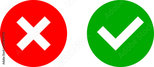 Yes and No or Right and Wrong or Approved and Declined Round Icons with Green Check Mark and Red X Cross Sign. Vector Image.	
