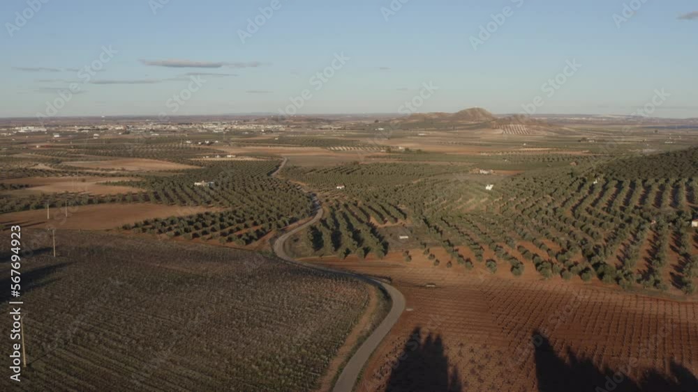 aerial drone shot of spanish plain castilla la mancha don quixote agriculture crops and farmers
