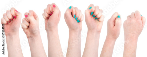 Hands making a fist gesture wearing bright nail polish with short nails