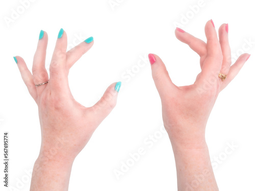 Hands holding nothing wearing bright nail polish