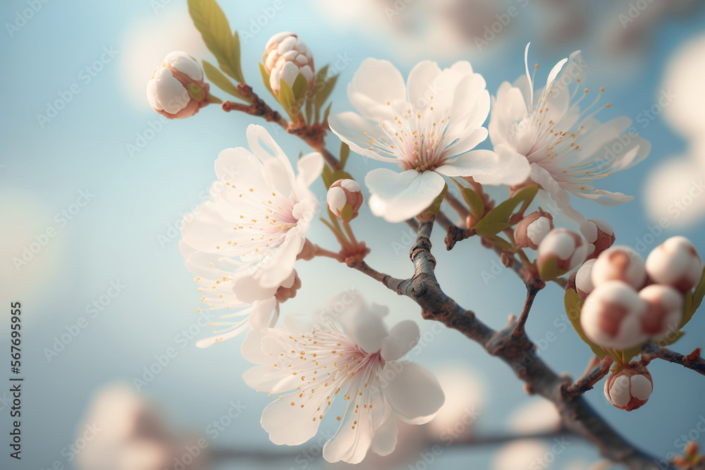 Sakura branch with flowers close-up. Spring cherry blossom in Japan. Generative AI. Sakura branch with flowers close-up. Spring cherry blossom in Japan. Generative AI.
