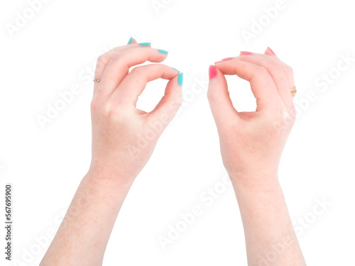 pinching or pen holding gesture woman's hand wearing bright nail polish