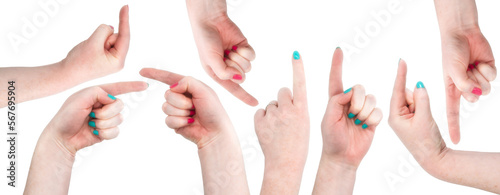 Pointing gestures of a woman s hand wearing bright nail polish