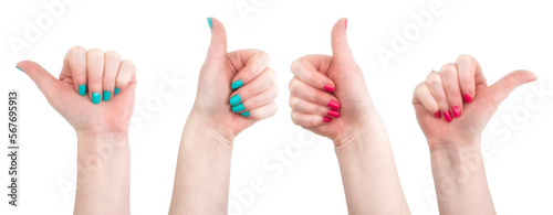 Hands with bright nail polish makes a thumbs up gesture