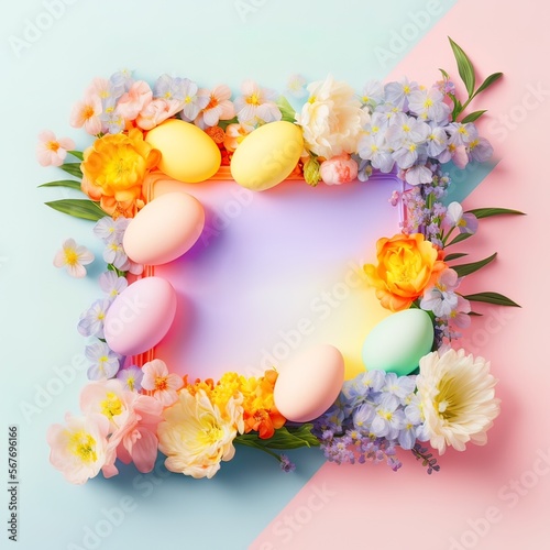Creative Spring frame made of fresh  pastel  field flowers  leaves and Easter painted eggs. Copy space. Pastel background. Floral colorful decoration. Illustration  Generative AI.