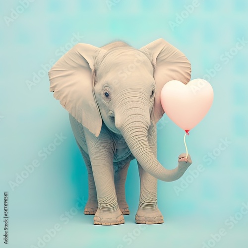 Animal pastel love concept, wild animal, elephant love and gives a pastel pink heart balloon. Valentine's Day in the animal world. Blue background. Illustration, Generative AI.