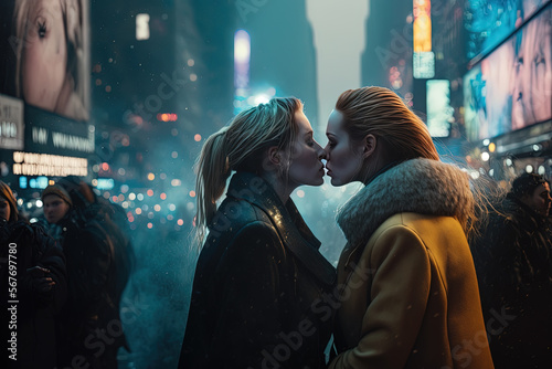 Close up of two beautiful young women kissing at night with City lights background . Generative Ai