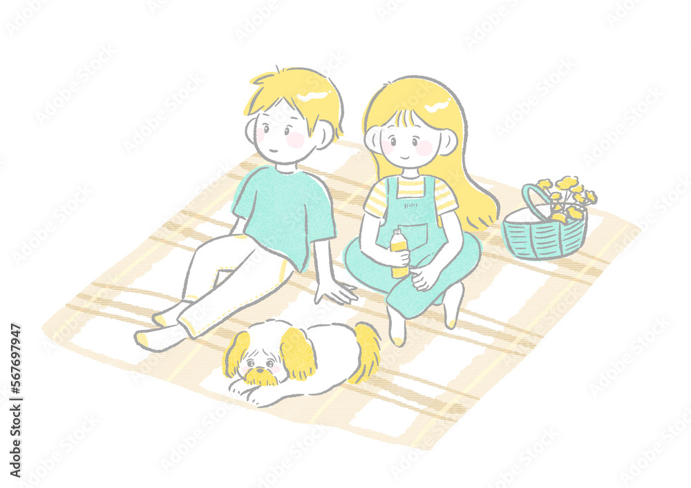 Cherry blossom viewing Family having a picnic Sitting on a blanket with a dog Cute and simple hand drawn illustration / お花見 ピクニックをする家族 犬とブランケットに座っている かわいくてシンプルな手描きイラスト