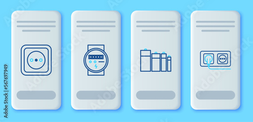 Set line Electric meter, Battery, Electrical outlet and icon. Vector