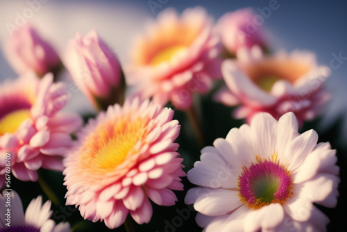 Flower background. Close-up of pink and white flowers. Generative AI.