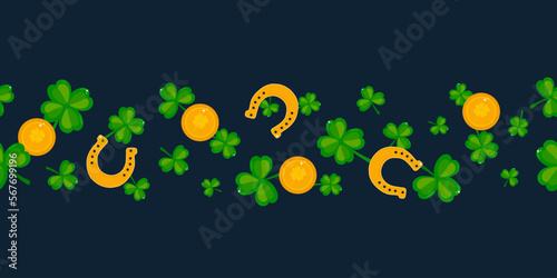Horizontal seamless pattern with clover, horseshoe and coins. St. Patrick's Day.  Perfect for wrapping paper, greeting cards, textile.