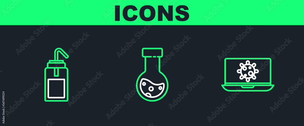 Set line Bacteria on laptop, Laboratory wash bottle and Test tube and flask chemical icon. Vector
