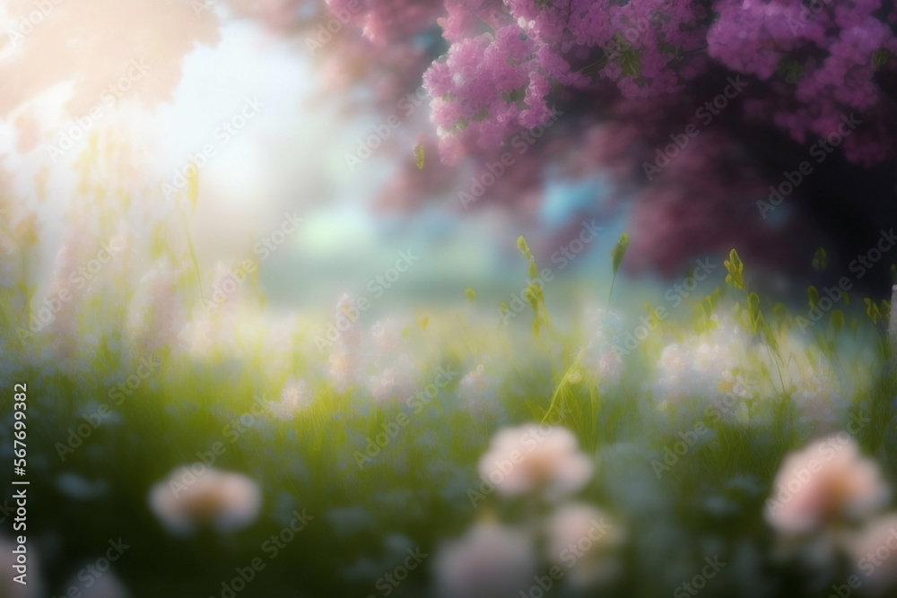 Morning in the flowery forest. Wildflowers background. Blurred flower wallpaper. Generative AI.