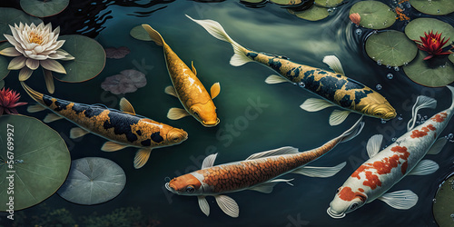 Generated by AI, illustration of koi fish swimming in a pond