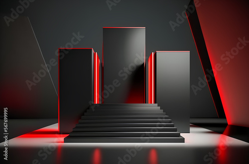 Stage podium scene for Award celebration or product presentation on red background with lighting, generative ai.