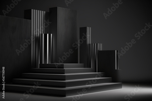 Stage podium scene for Award celebration or product presentation on black background with lighting, generative ai.