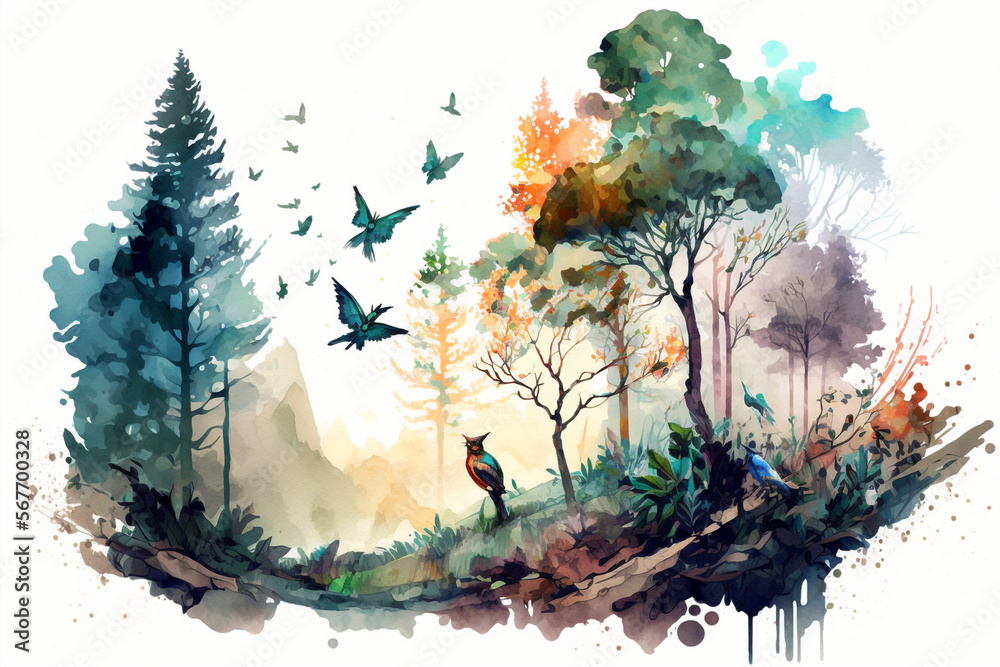 watercolor painting of a forest landscape with birds, butterflies and trees Generative AI