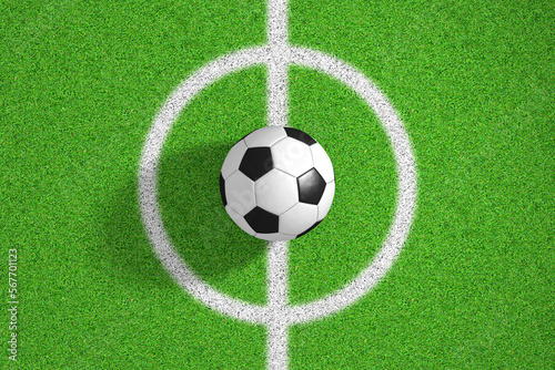 3d illustration soccer ball in center field on grass lawn