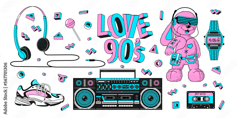 90s and 00s retro stickers and badges set in trendy neon colors. Bunny ...