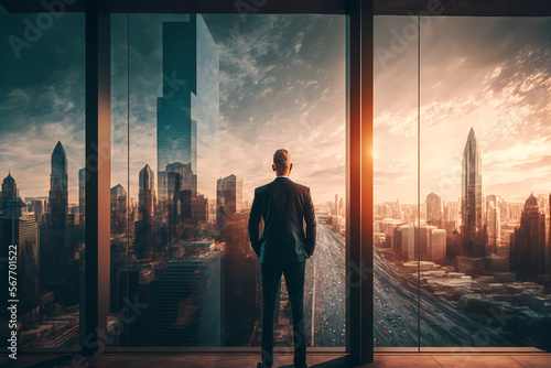 A person standing in front of a large glass window, looking out at the city skyline, representing the idea of of clear vision and a long-term perspective in achieving business success. Generative AI