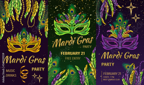 Set of 3 vertical carnaval posters with mask, feathers, ribbons, beads, golden stars, text. Social media story size. Template for Mardi Gras carnival, party in vintage style. Detailed illustration
