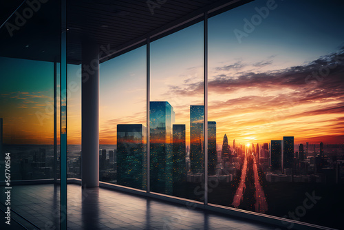 Big city view with glowing sun or sunset on cloudy sky background skyline cityscape, view through window of luxury office high tower for business background concept. Generative AI