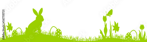 Happy easter holiday background banner panorama vector illustration for logo - Green silhouette of Easter bunny and easter eggs on spring meadow, isolated on white background