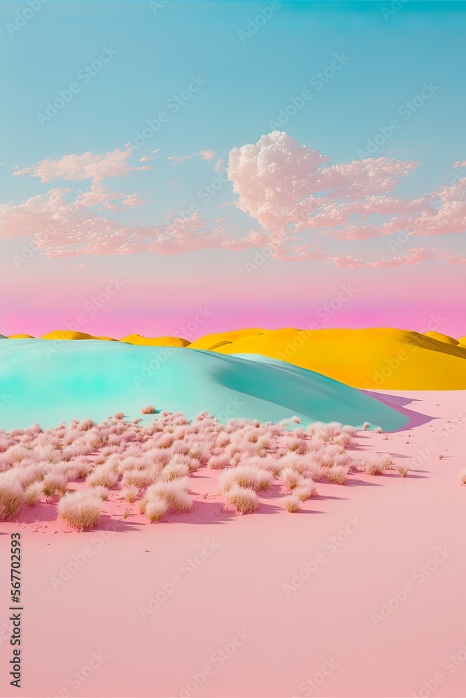 Abstract vivid colors landscape of desert mountains, dunes and sand. Colorful bright colors. Illustration, Generative AI.