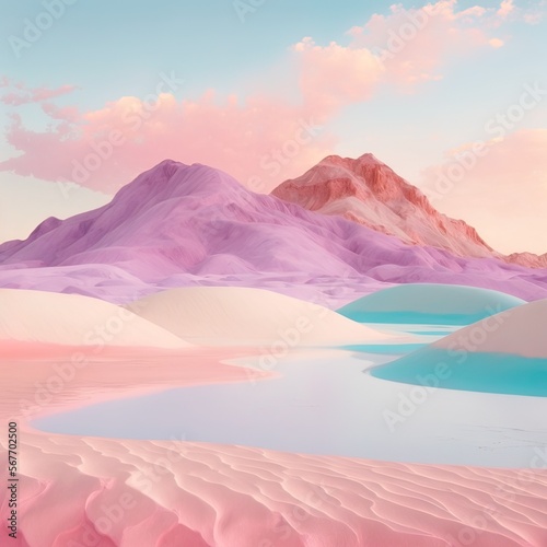 Abstract vivid colors landscape of desert mountains, dunes and sand. Colorful bright colors. Illustration, Generative AI.