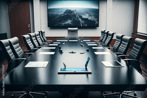 An Elegant and empty meeting boardroom with presentation. A conference table with a big TV screen, representing the idea of teamwork and collaboration in business. corporate business Generative AI 