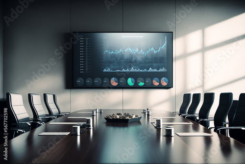 An Elegant and empty meeting boardroom with presentation. A conference table with a big TV screen, representing the idea of teamwork and collaboration in business. corporate business Generative AI 