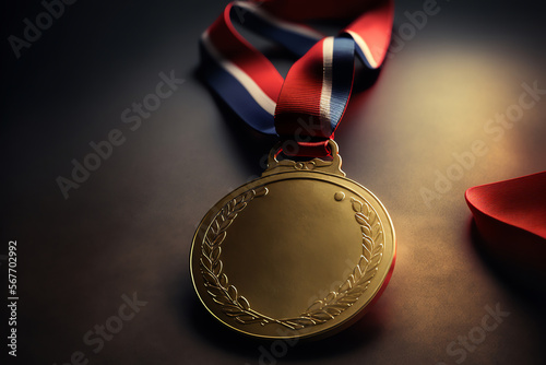 A blank medal hanging from a ribbon, representing the idea of reward and accomplishment. luxury reward and achievements. Generative AI.