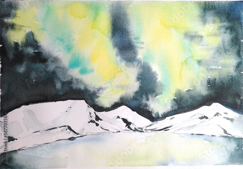 Aurora watercolor landscape with winter mountains and lake