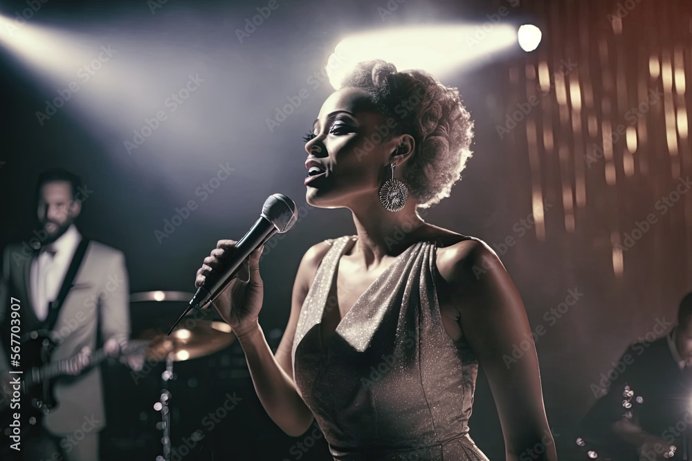 Generative Illustration AI of female jazz singer on stage during a concert illuminated by show lights - obrazy, fototapety, plakaty 