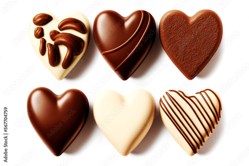 Delicious Heart Shaped Chocolate Candies on White Background