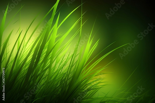 Spring grass with blurry selective focus, sun shines through the grass, macro