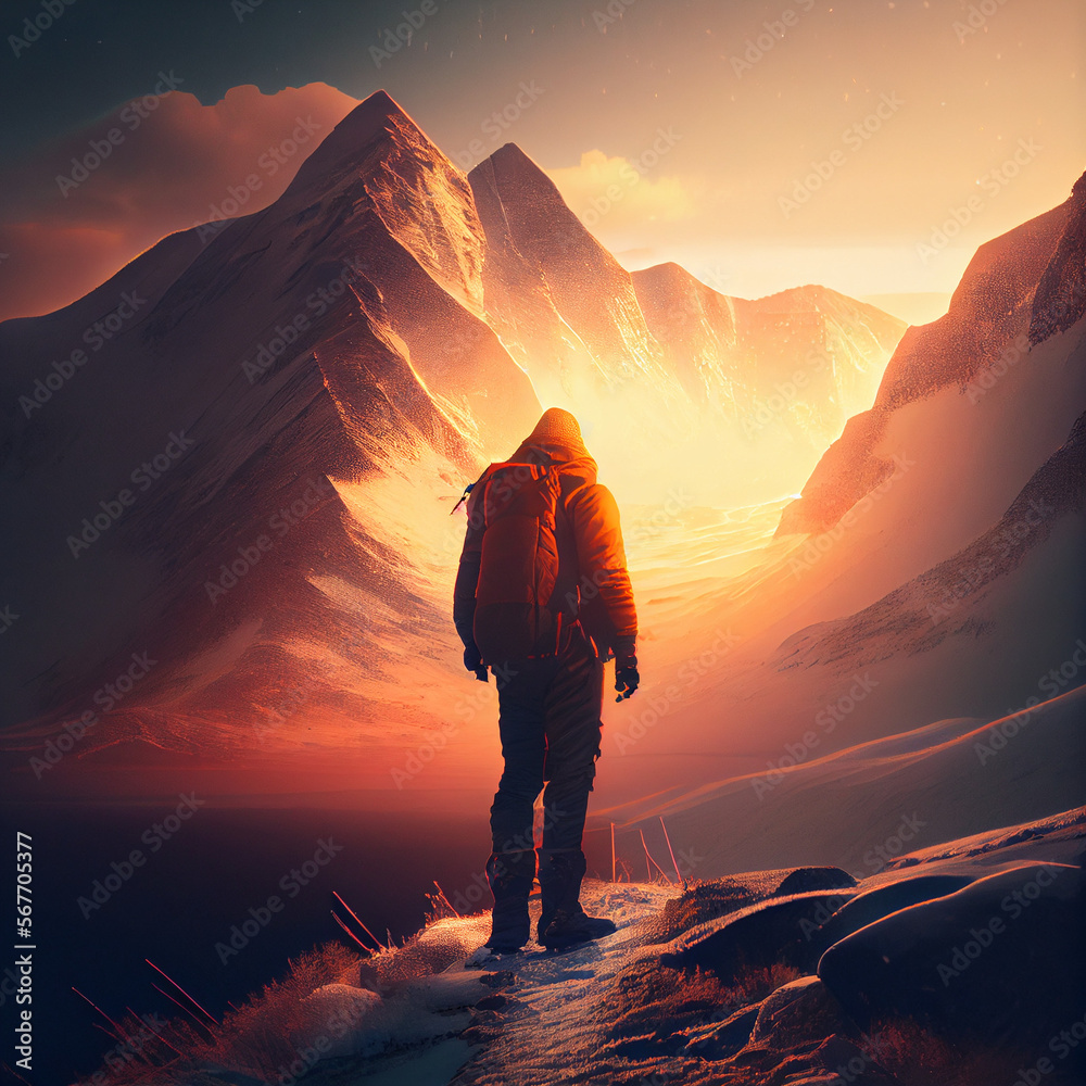man climbing mountains in winter during sunset