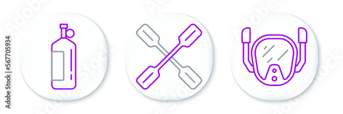Set line Diving mask, Aqualung and Paddle icon. Vector