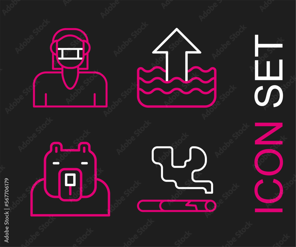Set line Cigarette, Polar bear head, Rise in water level and Face protective mask icon. Vector