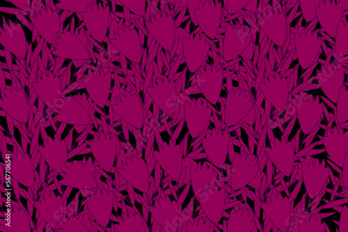 Viva magenta floral seamless pattern. Endless colorful background with pink flowers on black backdrop. Wallpaper and bed linen print. Backdrop in asian style.