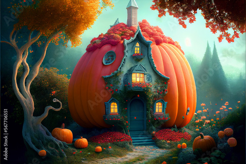 Fantasy pumpkin house with strawberries and trees, ai illustration photo