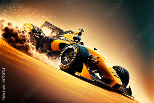 A sports racing car is driving at a high speed on a corner. Race track, trunirs, professional racers, wheel fire, high resolution, illustrations, art. AI